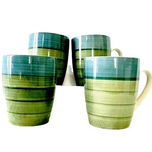 Pier 1 Mugs Tea Coffee Stoneware 4 Set Stripe Blue Green Cabincore Beach Retired